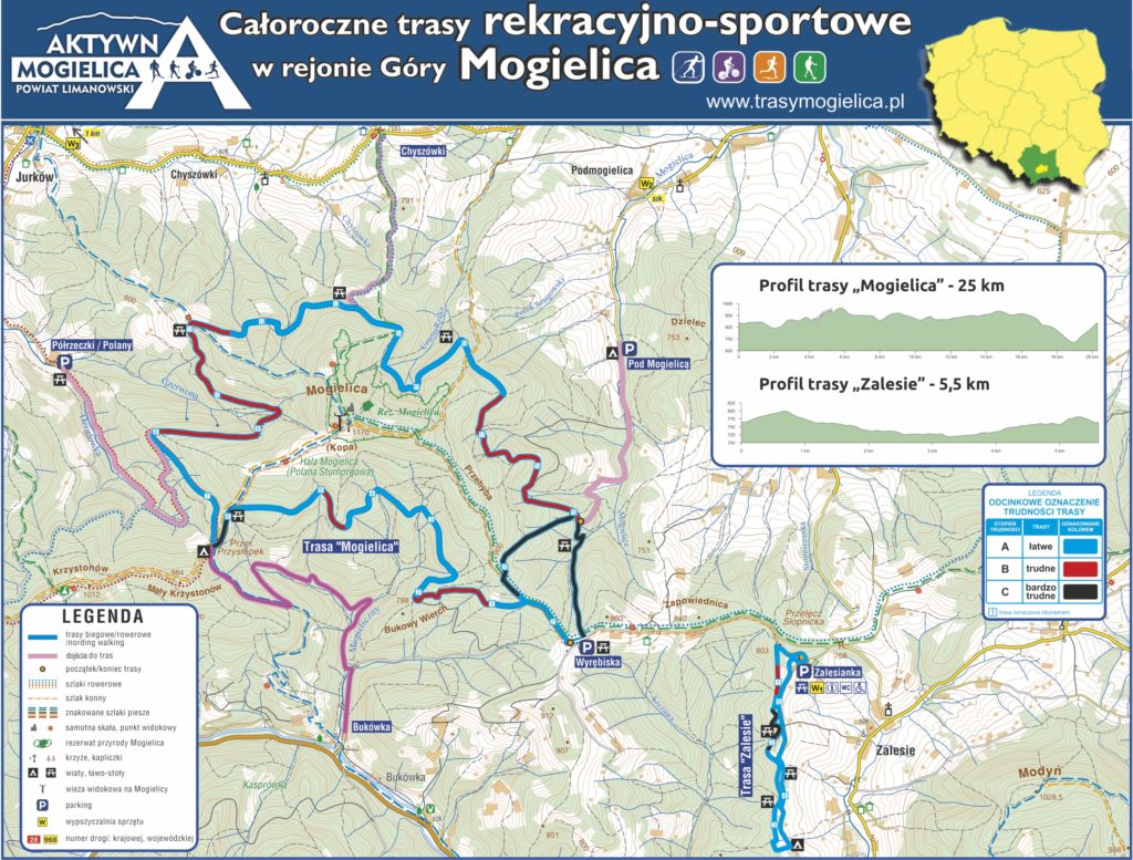 Mapa tras narciarsko - rowerowych w rejonie góry Mogielica