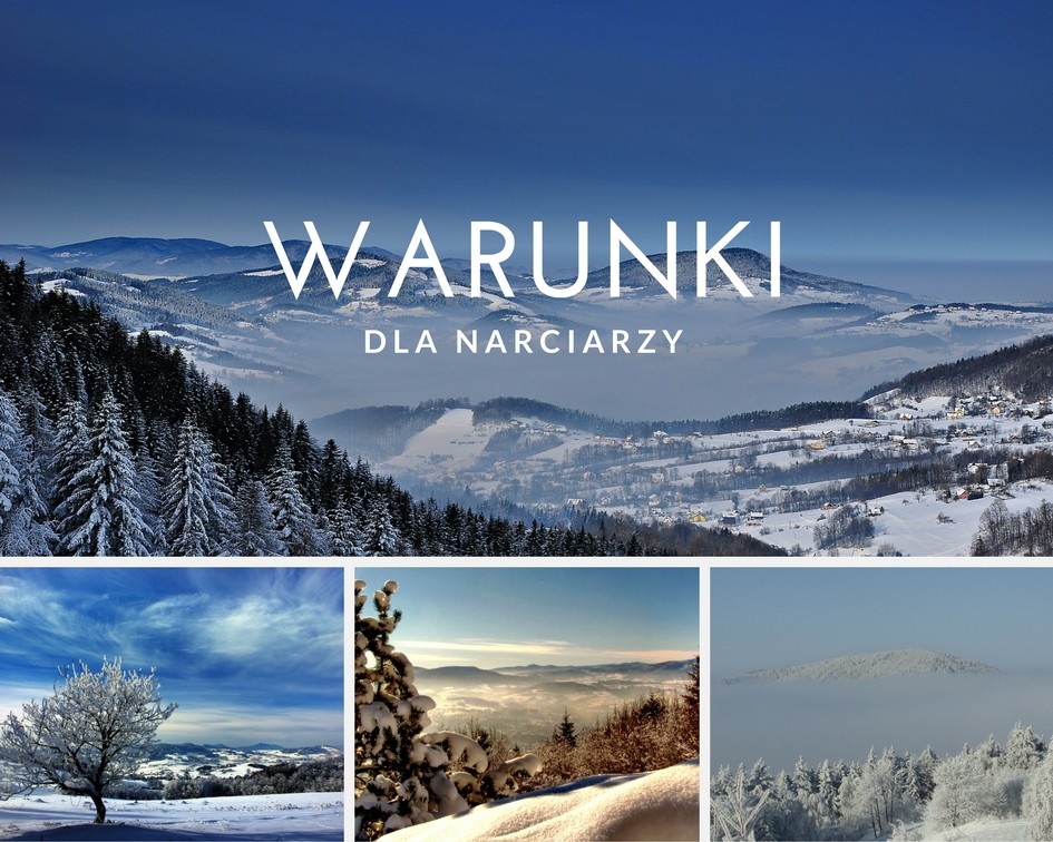 Kolaż zdjęc przedstawiający zimowy krajobraz powiatu limanowskiego