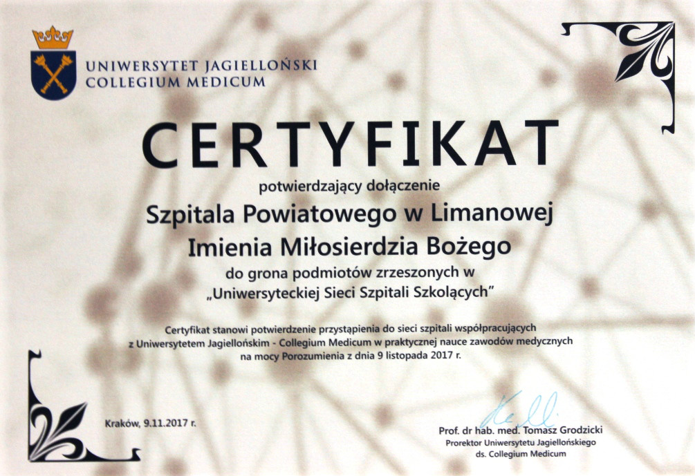 Certyfikat Collegium Medicum Uniwersytetu Jagiellońskiego potwierdzający dołączenie Szpitala Powiatowego im. Miłosierdzia Bożego do grona podmiotum zrzeszonych w "Uniwersyteckiej Sieci Szpitali Szkolących"