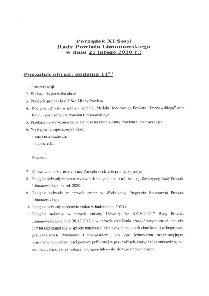 XI Sesjia Rady Powiatu Limanowskiego - porzadek obrad 1