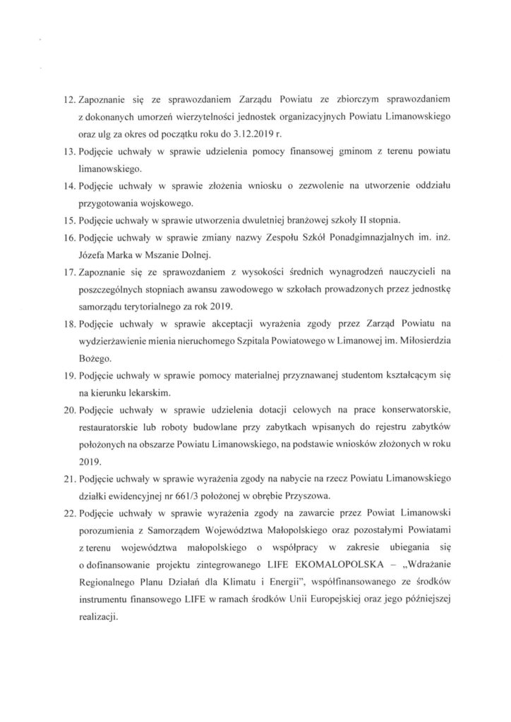XI Sesjia Rady Powiatu Limanowskiego - informacja, porzadek obrad 2