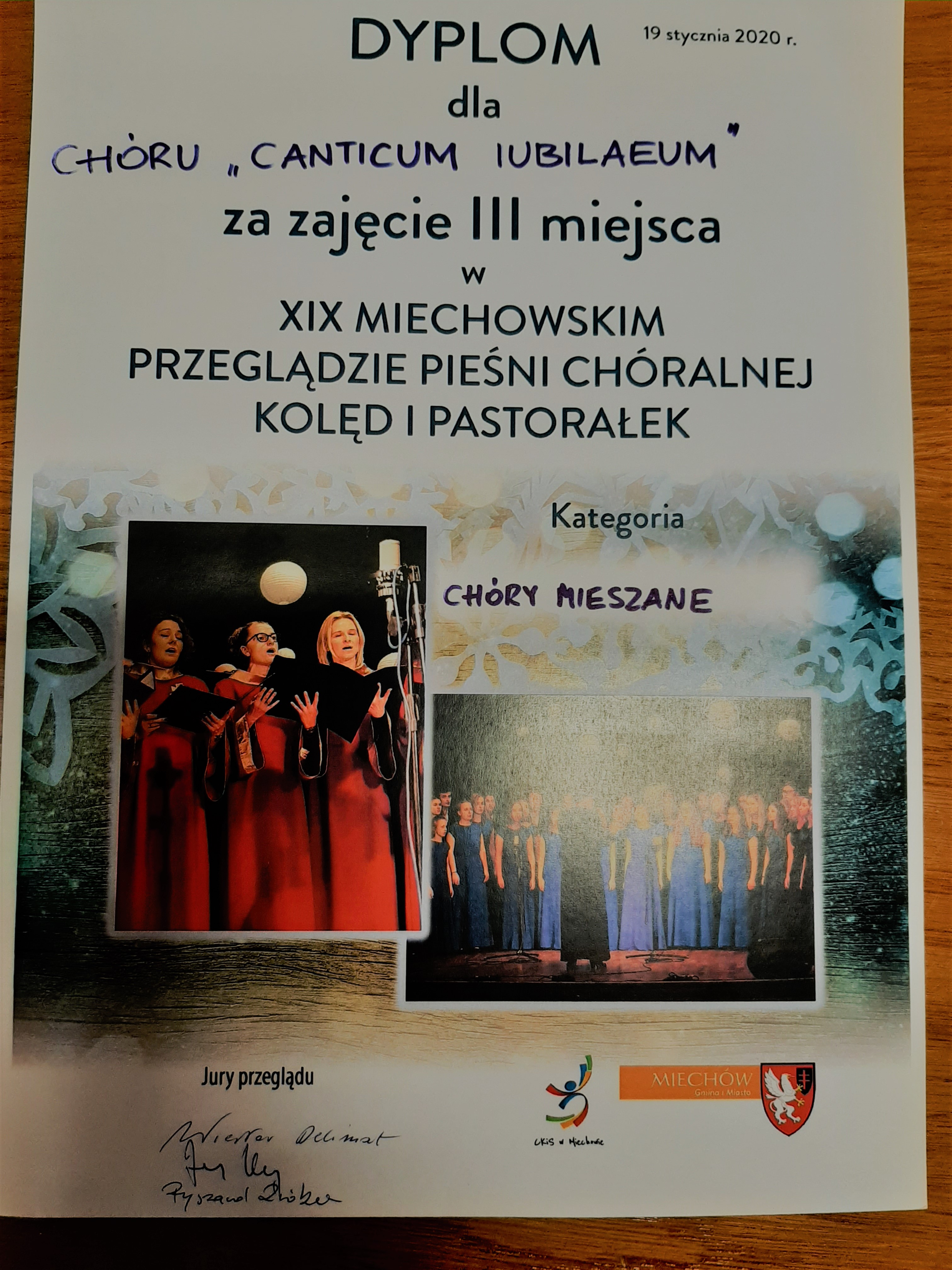 Dyplom dla CANTICUM IUBILAEUM za zajęcie III miejsca w XIX Miechowskim Przeglądzie w kategorii chóry mieszane