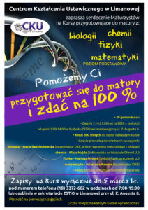 kursy powtórkowe dla maturzystów w ZSTiO Limanowa- plakat informacyjny