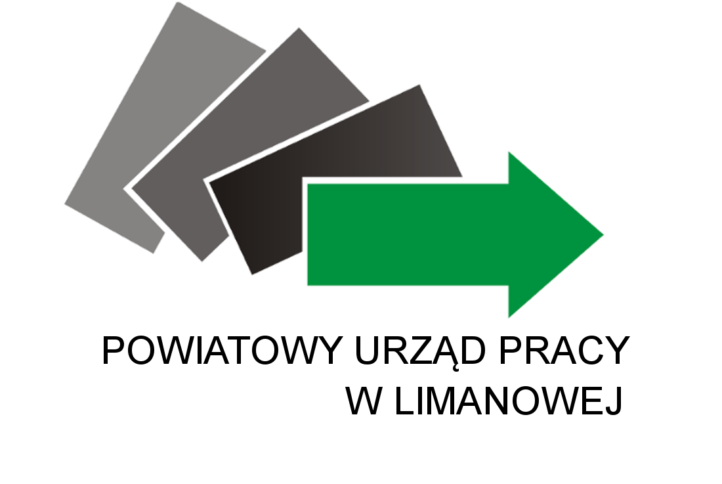 Logo Powiatowego Urzędu Pracy w Limanowej (trzy prostokąty pochylone w odcieniach szarości i zielona strzałka w prawo)