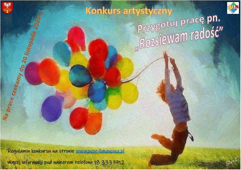 plakat - konkurs rozsiewam radość. Dziecko skazczące i tzymające kolorowe balony.