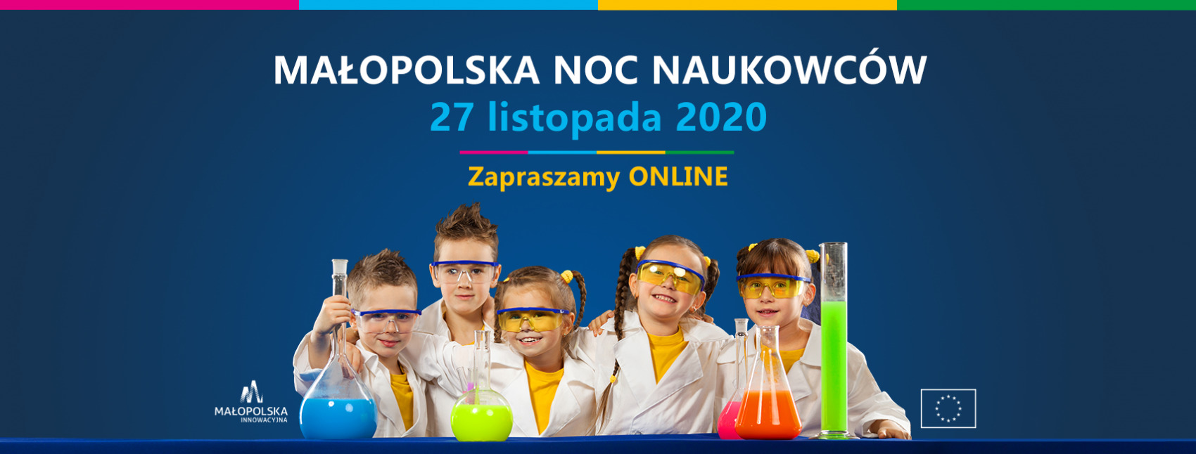 plakat - małopolska noc naukowców. 27 listopada 2020 - zapraszamy online. Dzieci z probówkami chemicznymi przebrae za naukowców.
