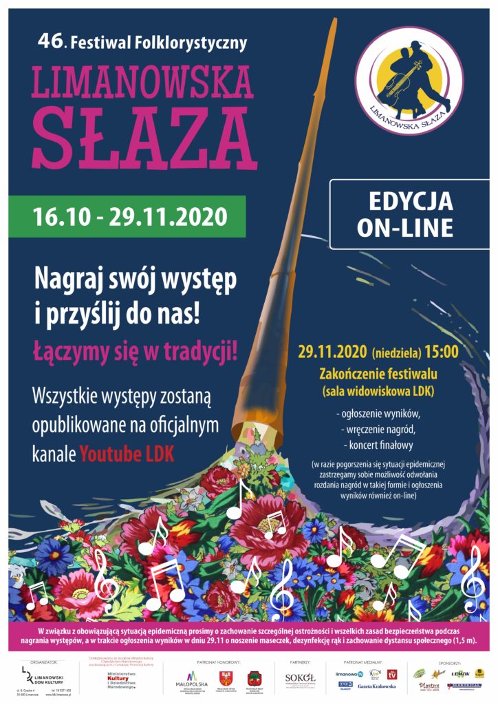 Plakat informukący o wydarzeniu - czterdziesty szósty festiwal folklorystyczny limanowska słzaza. Edcyja on-line