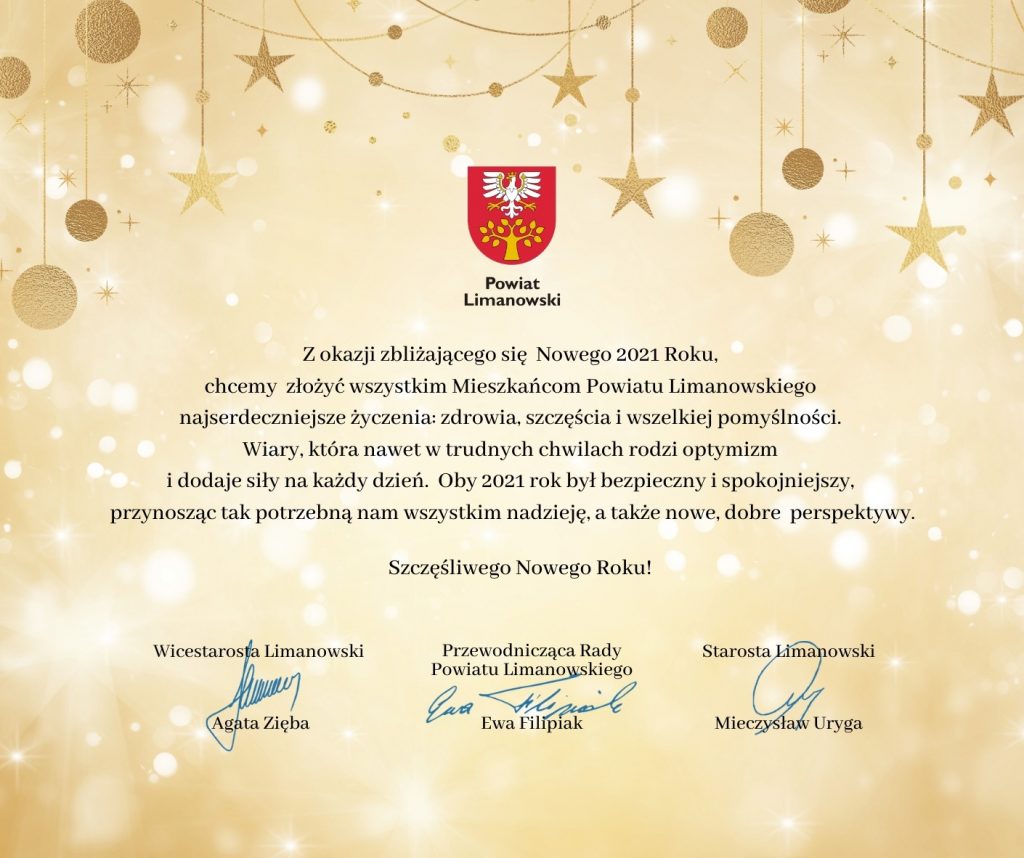 Grafika z Życzeniami noworocznymi od Zarządu i Rady Powiatu Limanowskiego. 