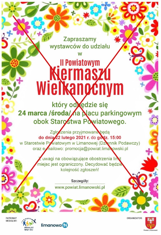 Plakat - II Powiatowy Kiermasz Wielkanocny - przekreślony czerwonym iksem.