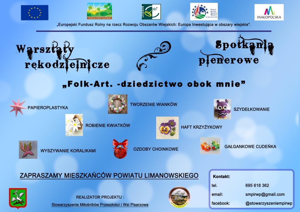 Plakat informujący o wydarzniu folk-art - dziedzictwo obok mnie. Warsztaty rękodzielnicze i spotkania plenerowe.