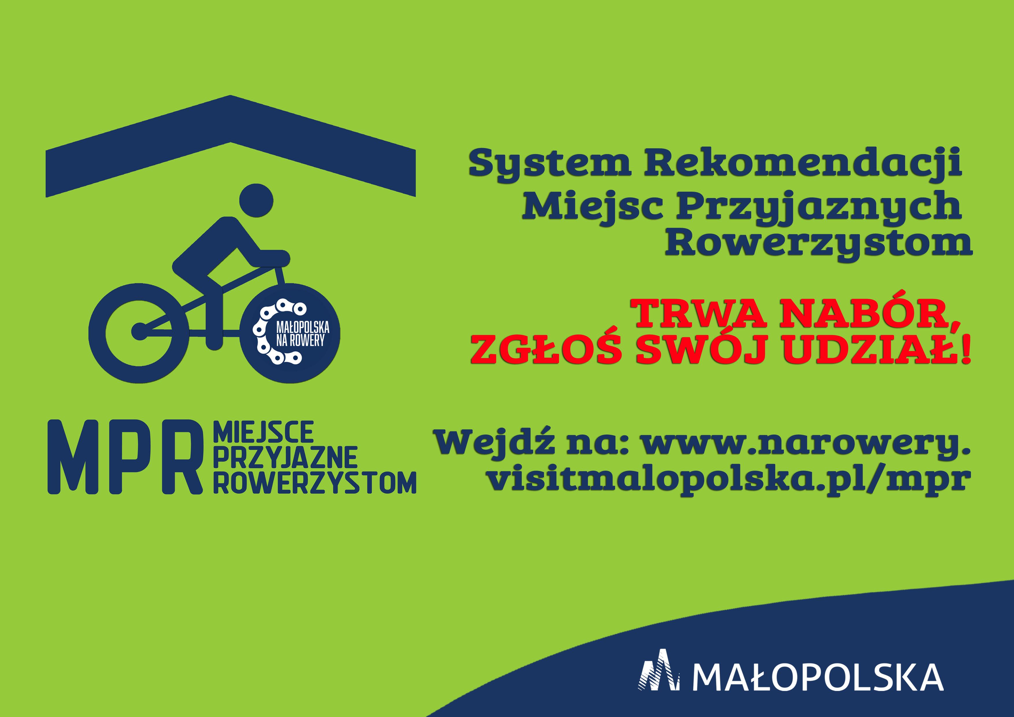 Plakat informacyjny na temat naboru do Małopolskiego Systemu Miejsc Przyjaznych Rowerzystom