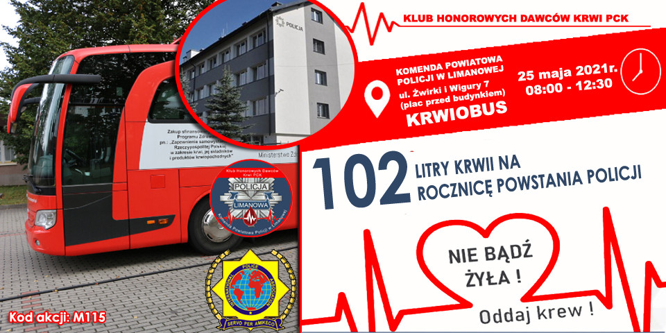 Plakat informacyjny zachęcajacy do udziału w akcji krwiodawstwa PCK "102 litry krwi na rocznicę Powstania Policji"
