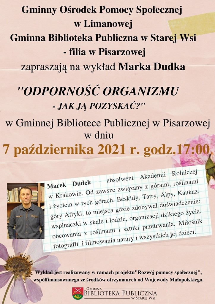 Plakat informacyjny zapraszajacy na wykład Marka Dutka pt."Odpornośc Organizmu - jak ją pozyskać" w Gminnej Bibliotece publicznej w Starej Wsi