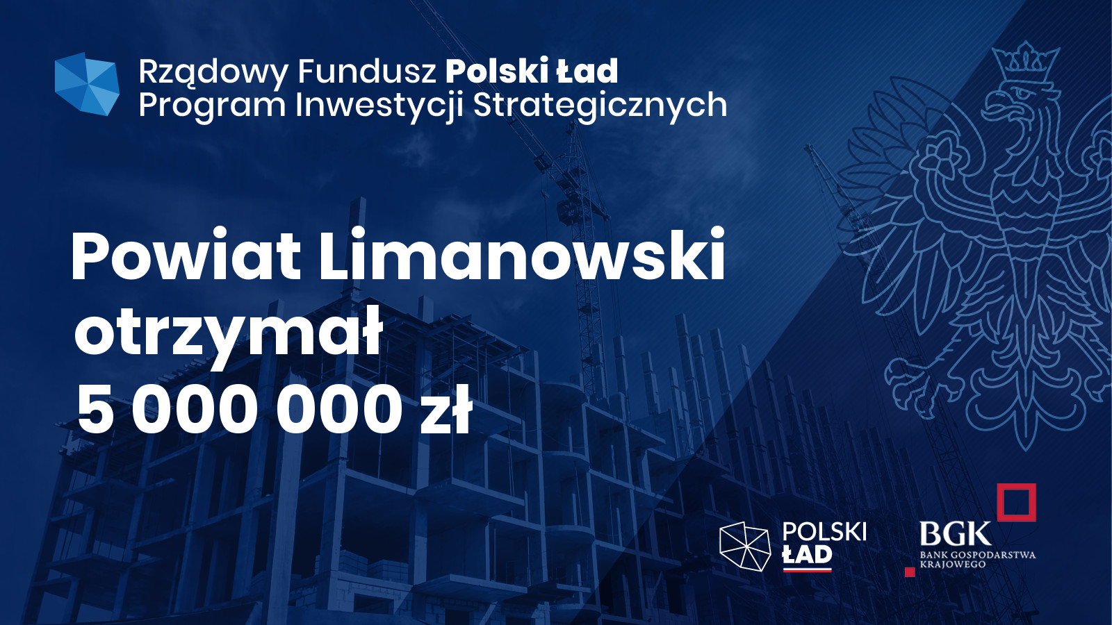 Plakat informacyjny: Rządowy Fundusz Polski Ład Program inwestycji Strategicznych. Powiat Limanowski otrzymał 5 000 000" ; biały napis na granatowym tle. W Prawym rogu znak wodny- Godło Polski (orzeł w koronie)