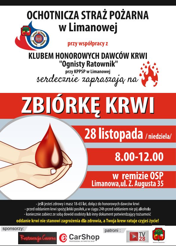 Zbiórka krwi OSP Limanowa - plakat informacyjny