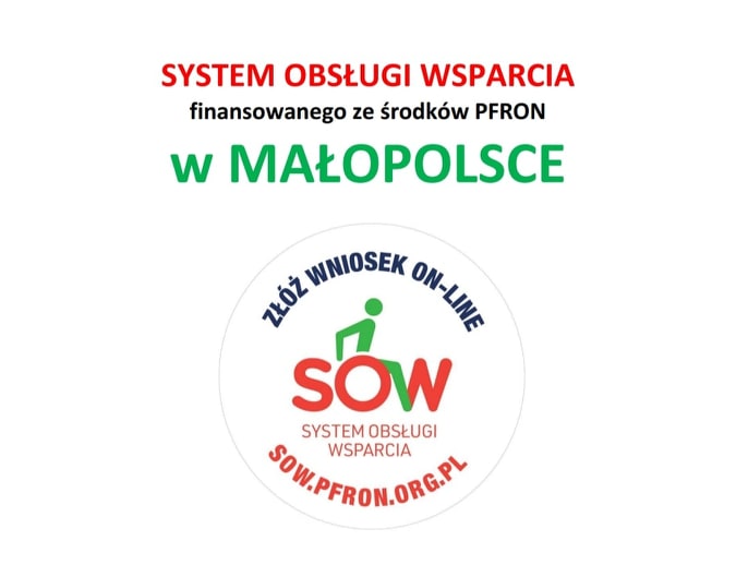 Logo na bialym tle : System Obslugi Wsparcia finansowanego ze srodków PFRON w Małopolsce Złóż Wniosek On-line sow.pfron.org.pl