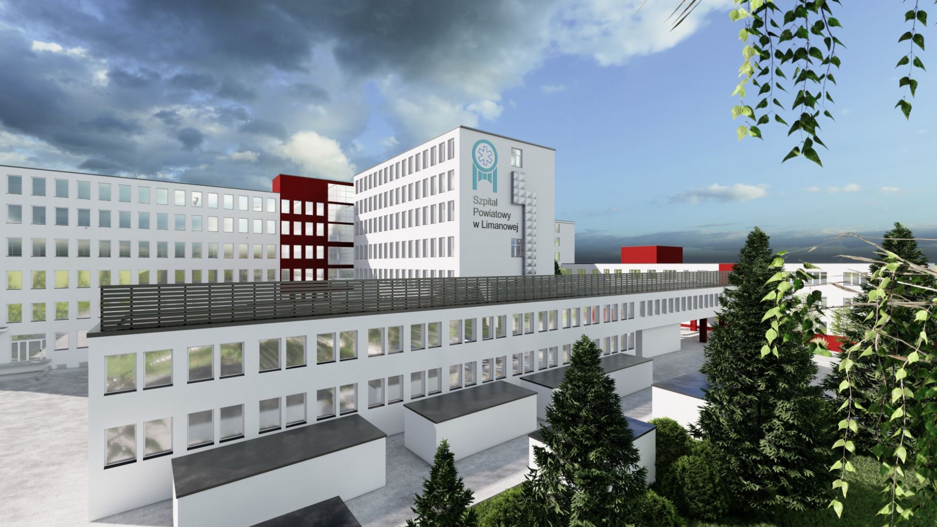 Zdjecie przedstawiajace komputerową wizualizacje architektoniczną planowanej termomodernizacji szpitala powiatowego w Limanowej