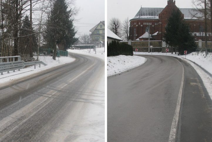 Dwie fotgrafie obrazujace efety końcowe inwestycji drogowych zrealizowanych na terenie powiatu limanowskiego