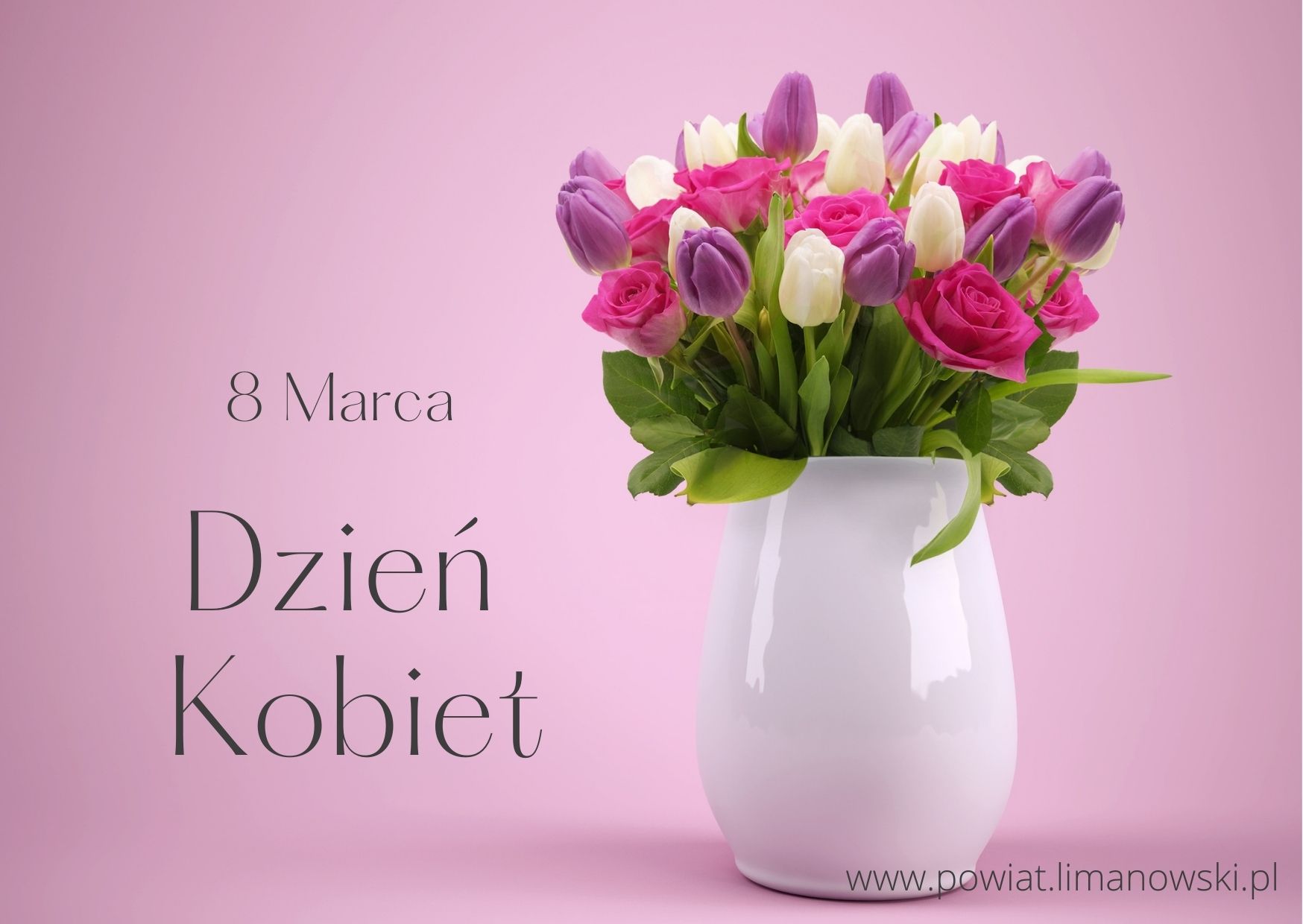 8 marca Dzień Kobiet plakat. W tle wazon z tulipanami i różami