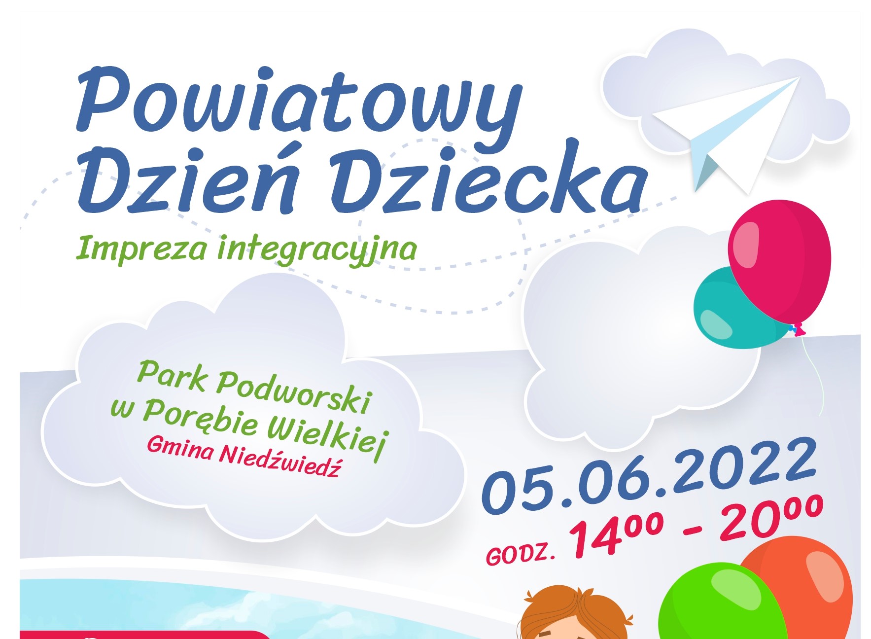 Powiatowy Dzień Dziecka Impreza Integracyjna Park Podworski w Porębie Wielkiej (Gmina Niedźwiedź) 5.06.2022 - zaaproszenie