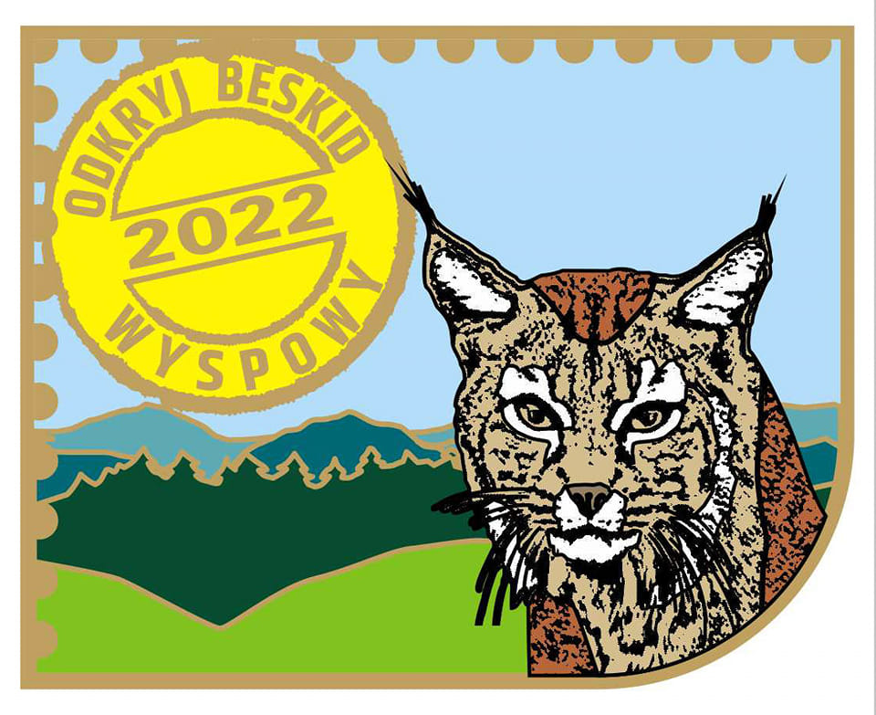 Logo akcji Odkryj Beskid Wyspowy- ryś na tle panoramy pasma Beskidu Wyspowego