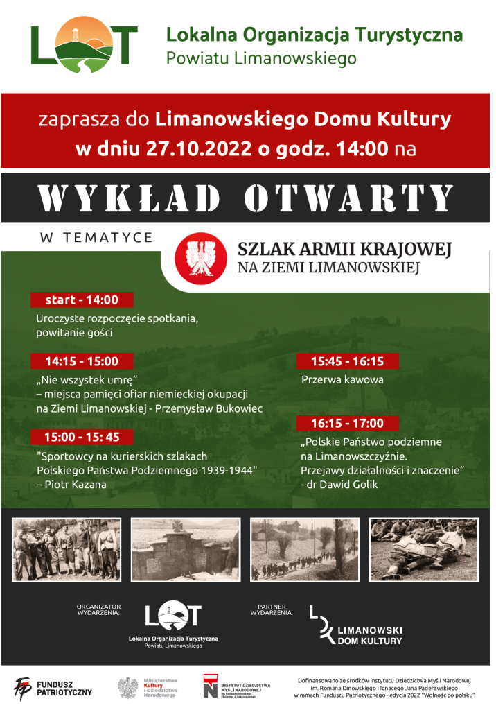 Plakat promujący wykład w tematyce: Szlak Armii Krajowej na Ziemi Limanowskiej