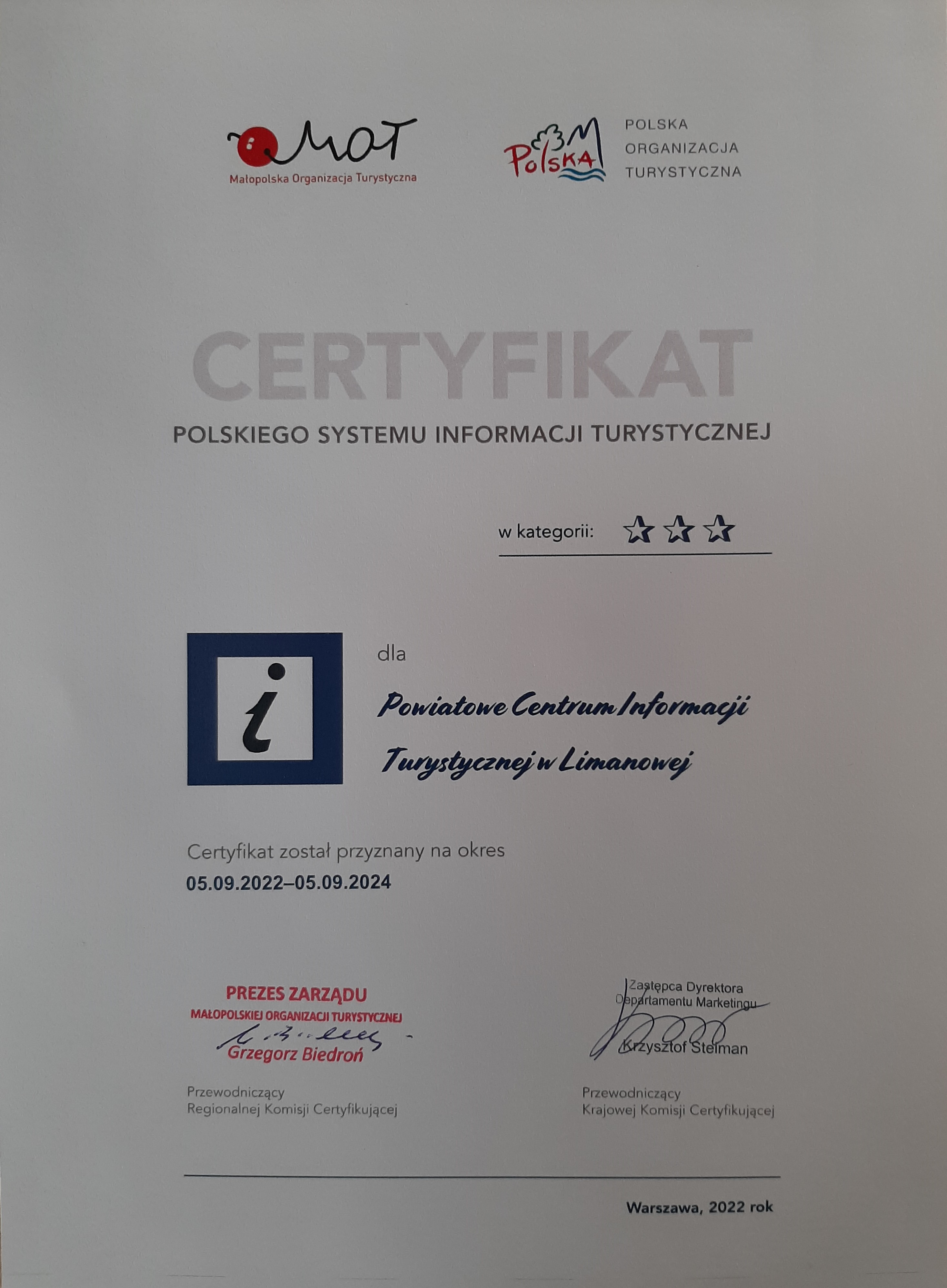 Certyfikat Polskiego Systemu Informacji Turystycznej przyznany dla Powiatiwego centrum informacji Turystycznej w Limanowej
