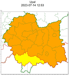 mapa województwa małopolskiego z zaznaczonym na pomarańczowo obszarem objętym alertem