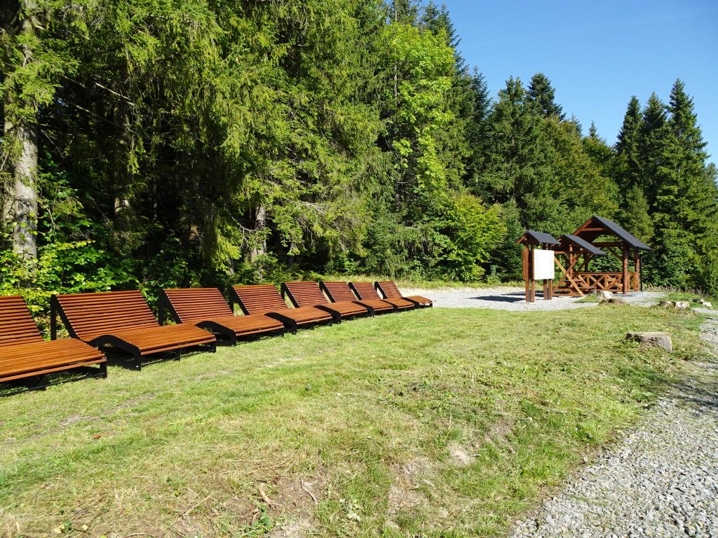 tablica informacyjna i ławki turystyczne przy szlaku na Mogielicę