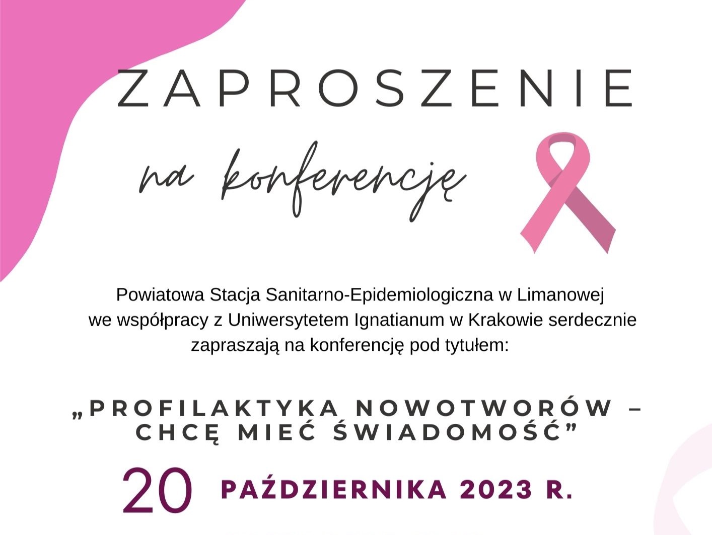 biały plakat różową wstążką i informacjami