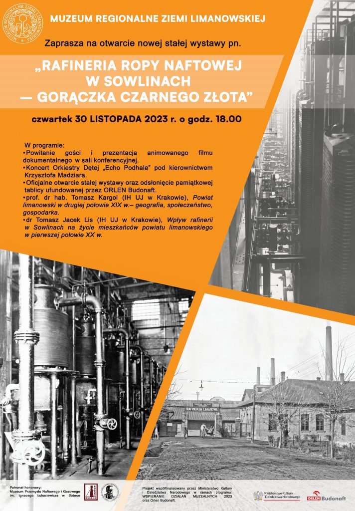 plakat z czarno-białymi zdjęciami rafinerii w Sowlinach