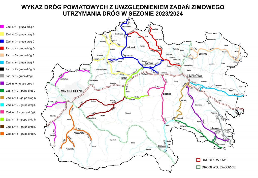 mapa Powiatu Limanowskiego z zaznaczonymi na kolorowo odcinkami odśnieżanych dróg