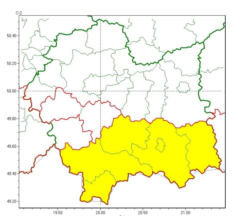 mapa województwa małopolskiego z zaznaczonymi na żółto sześcioma powiatami