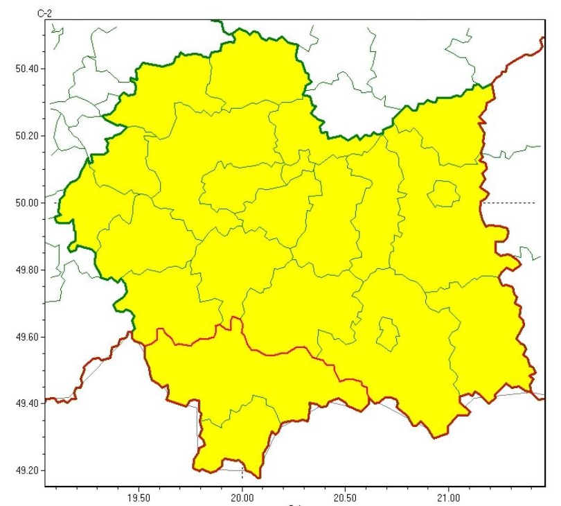 mapa województwa z zaznaczonym na żółto obszarem zagrożenia