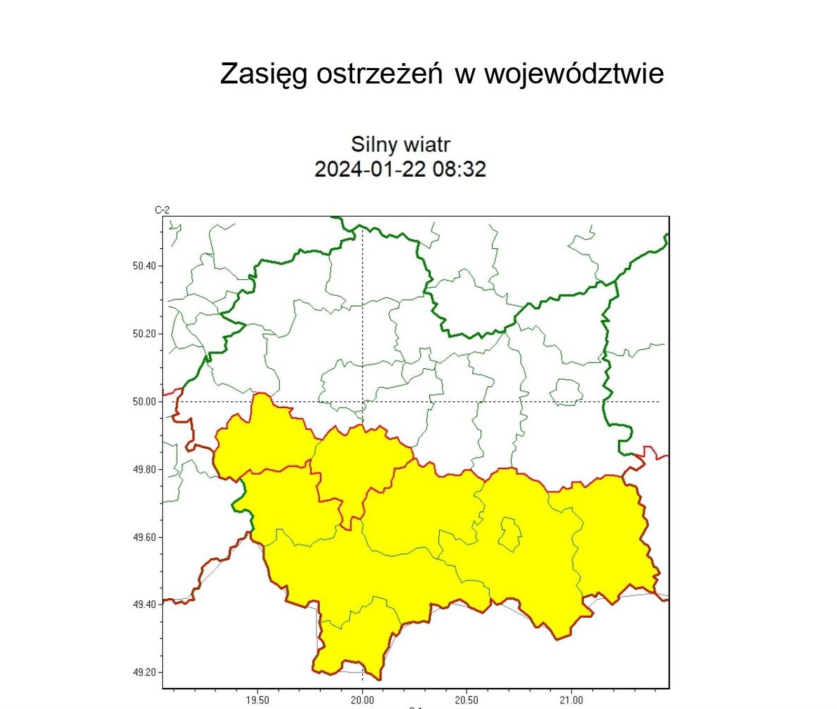 mapa województwa małopolskiego z zaznaczonym na żółto obszarem