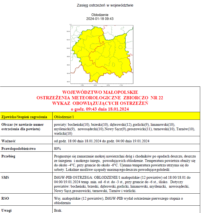 żółta mapa województwa i tabela z danymi meteorologicznymi