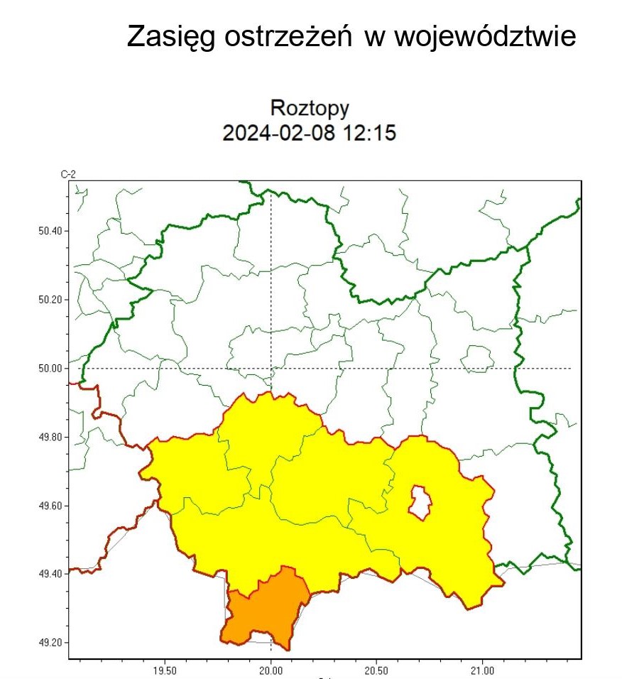 mapa województwa małopolskiego z zaznaczonymi granicami powiatów i występowania zjawiska roztopów