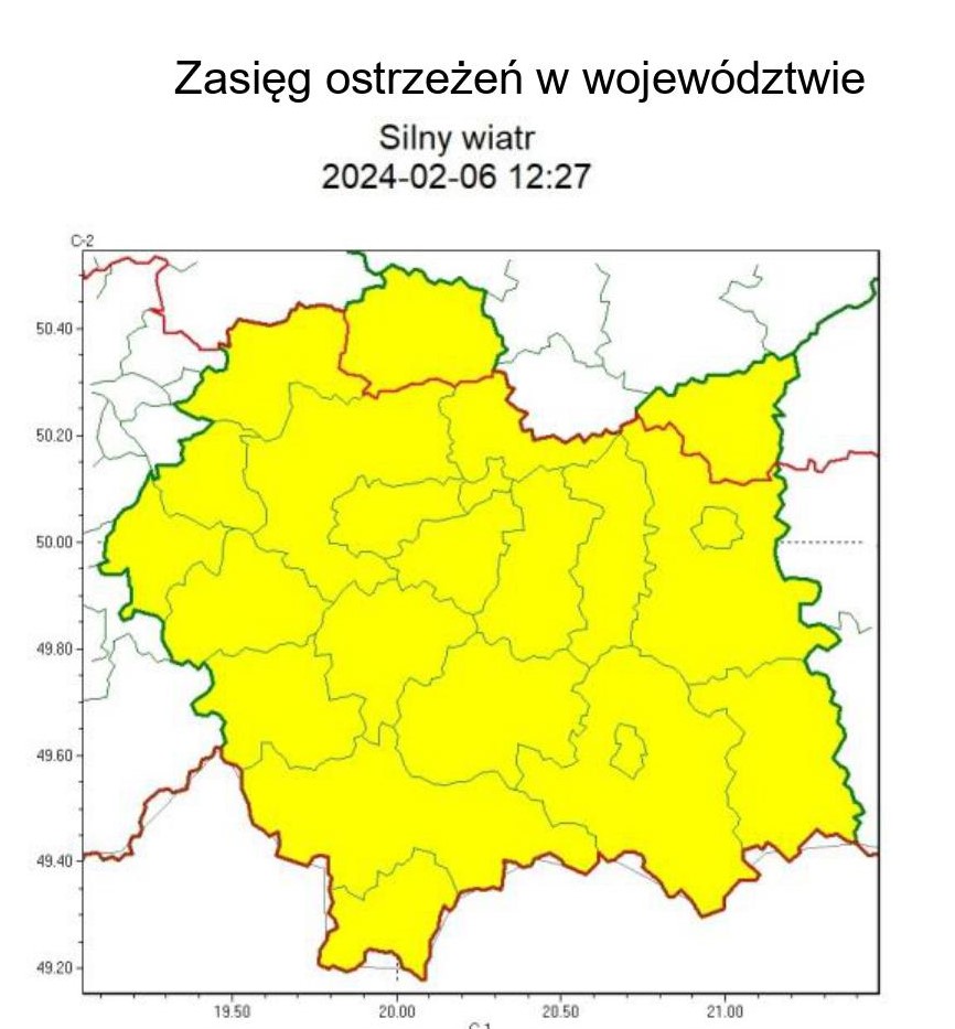 żółta mapa województwa małopolskiego z zaznaczonymi granicami powiatów