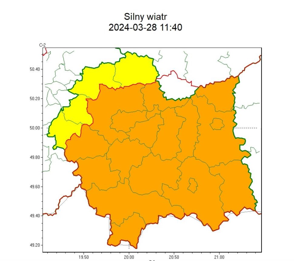 mapa województwa z zaznaczonymi na żółto i pomarańczowo obszarami zasięgu zjawiska