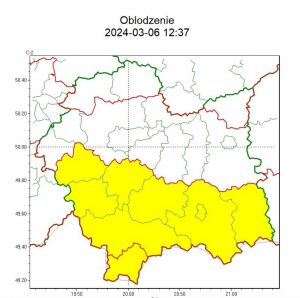 mapa województwa małopolskiego z zaznaczonym obszarem występowania oblodzenia