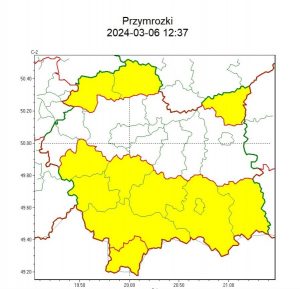 mapa województwa małopolskiego z zaznaczonym obszarem występowania przymrozków