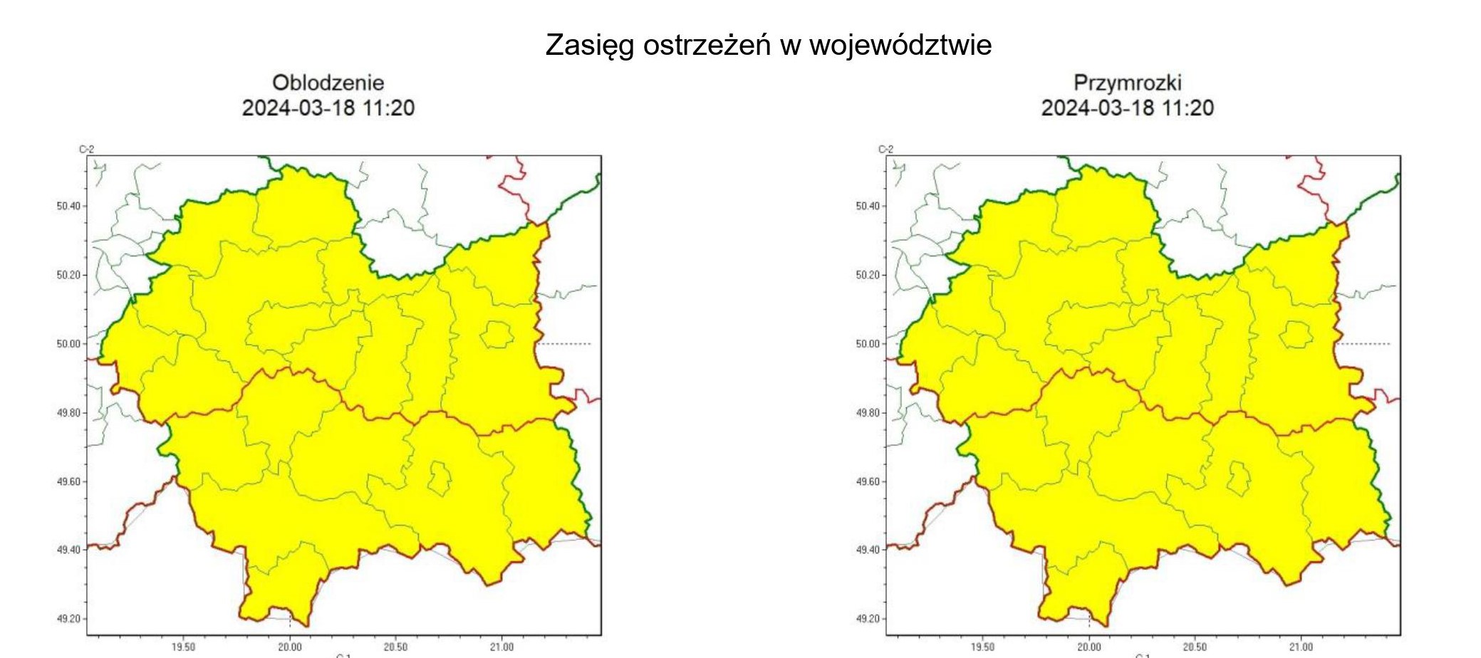 dwie mapy województwa małopolskiego z zaznaczonymi zakresami występowania zjawiska