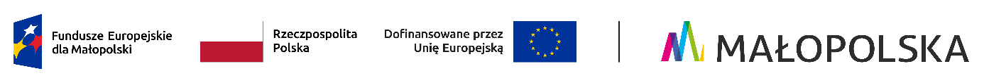 logo funduszy Europejskich, województwa małopolskiego i flaga Polski