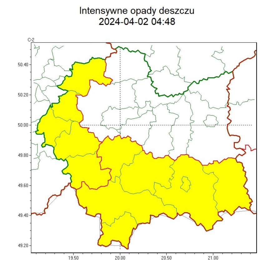 mapa województwa z zaznaczonym na żółto obszarem zasięgu zjawiska