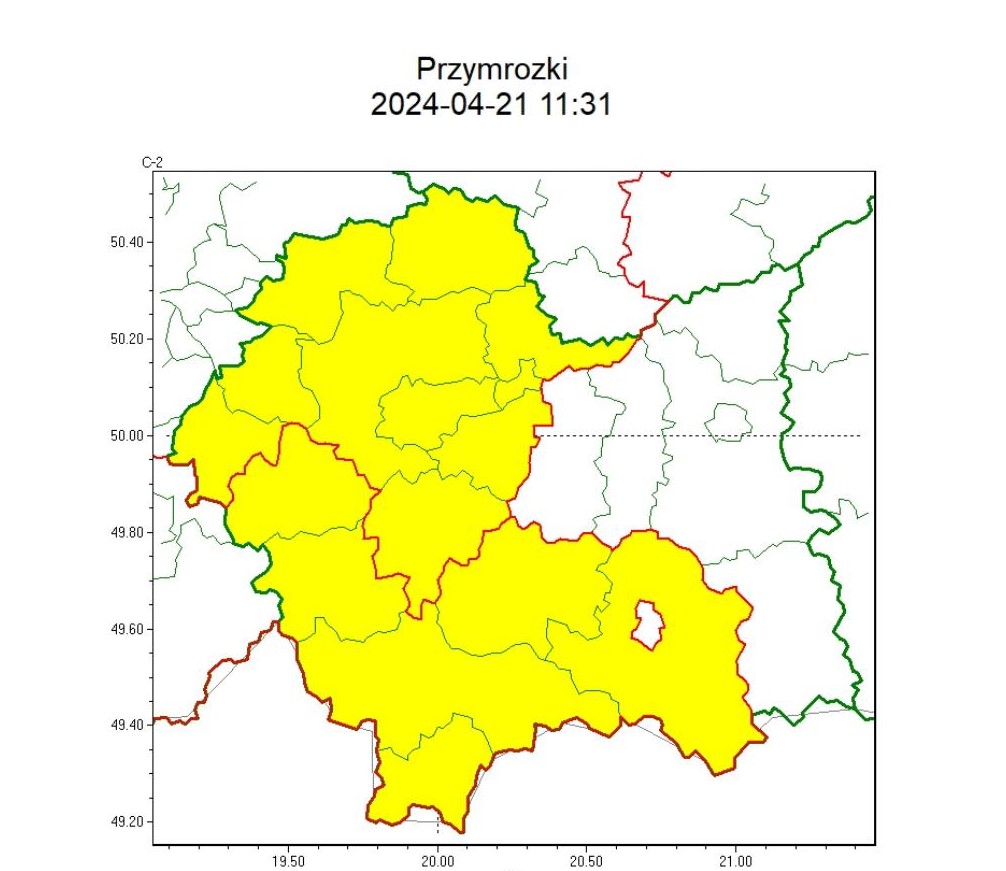 mapa województwa małopolskiego z zaznaczonym kolorem zasięgiem występowania zjawiska