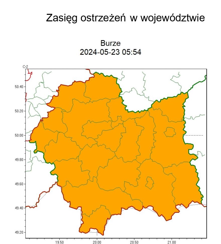 mapa województwa małopolskiego z zaznaczonym na pomarańczowo obszarem występowania zjawiska burz