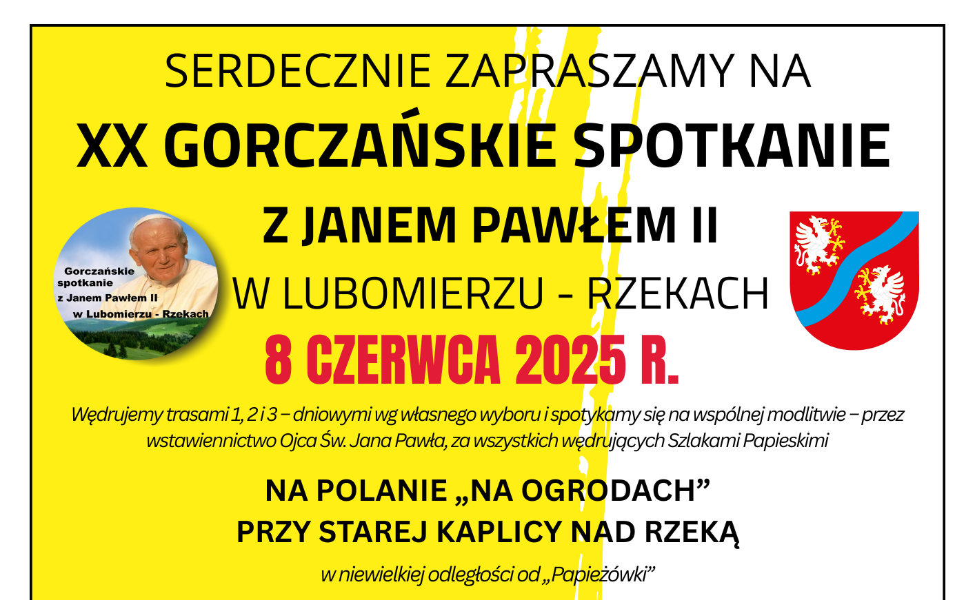 Zaproszenie na XX Gorczańskie Spotkanie z Janem Pawłem II w Lubomierzu – Rzekach