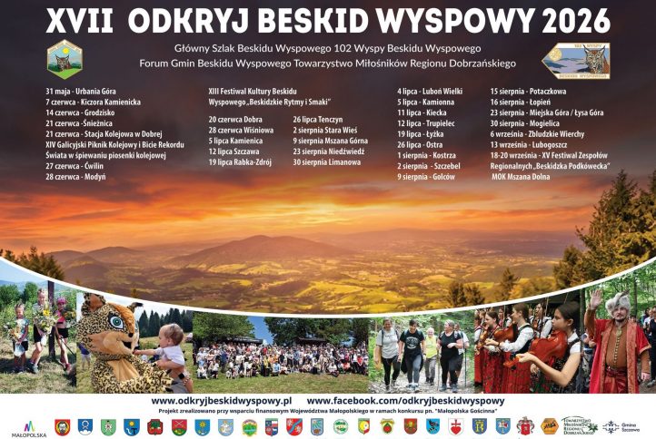 Odkryj Beskid Wyspowy 2026- plakat promujący akcje , harmonogram wydarzeń